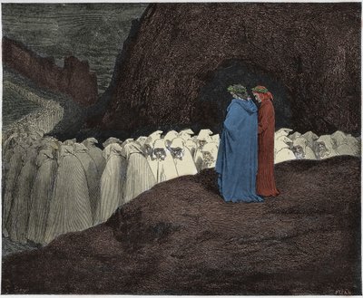 Inferno, Canto 23: De hypocrieten spreken Dante aan, illustratie uit De Goddelijke Komedie van Dante Alighieri, 1885 (digitaal ingekleurde gravure) door Gustave after Dore